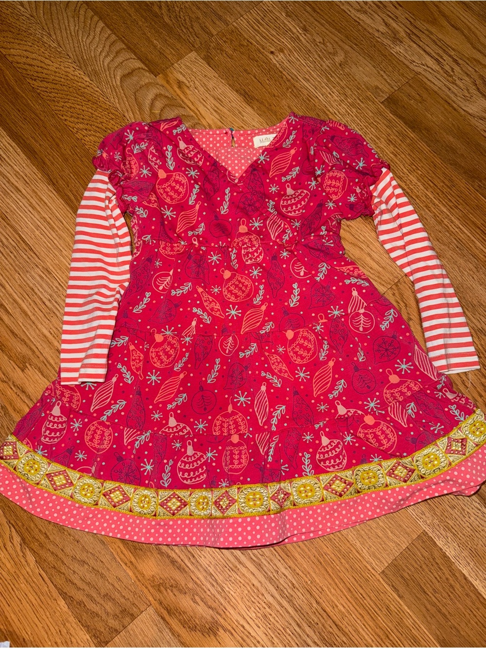 Matilda Jane Girls Pink Christmas Ornament Dress with Striped Sleeves